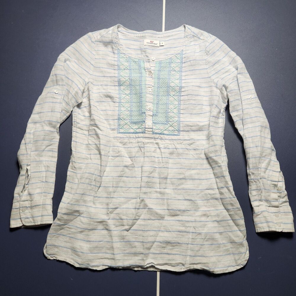 Vineyard Vines  Womens 8 100% Linen Embroidered Striped Blouse White Blue